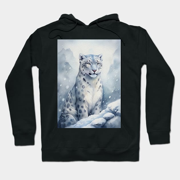 A Proud Snow Leopard Went Hunting, in the Snowy forest, Hight Mountains, Snow Falling, Winter Landscape, Wildlife White Panthera, Watercolor Realistic Illustration, Art, Portrait, Poster, Shirt, Christmas Holiday, Birthday gifts, Hunting lover Hoodie by sofiartmedia